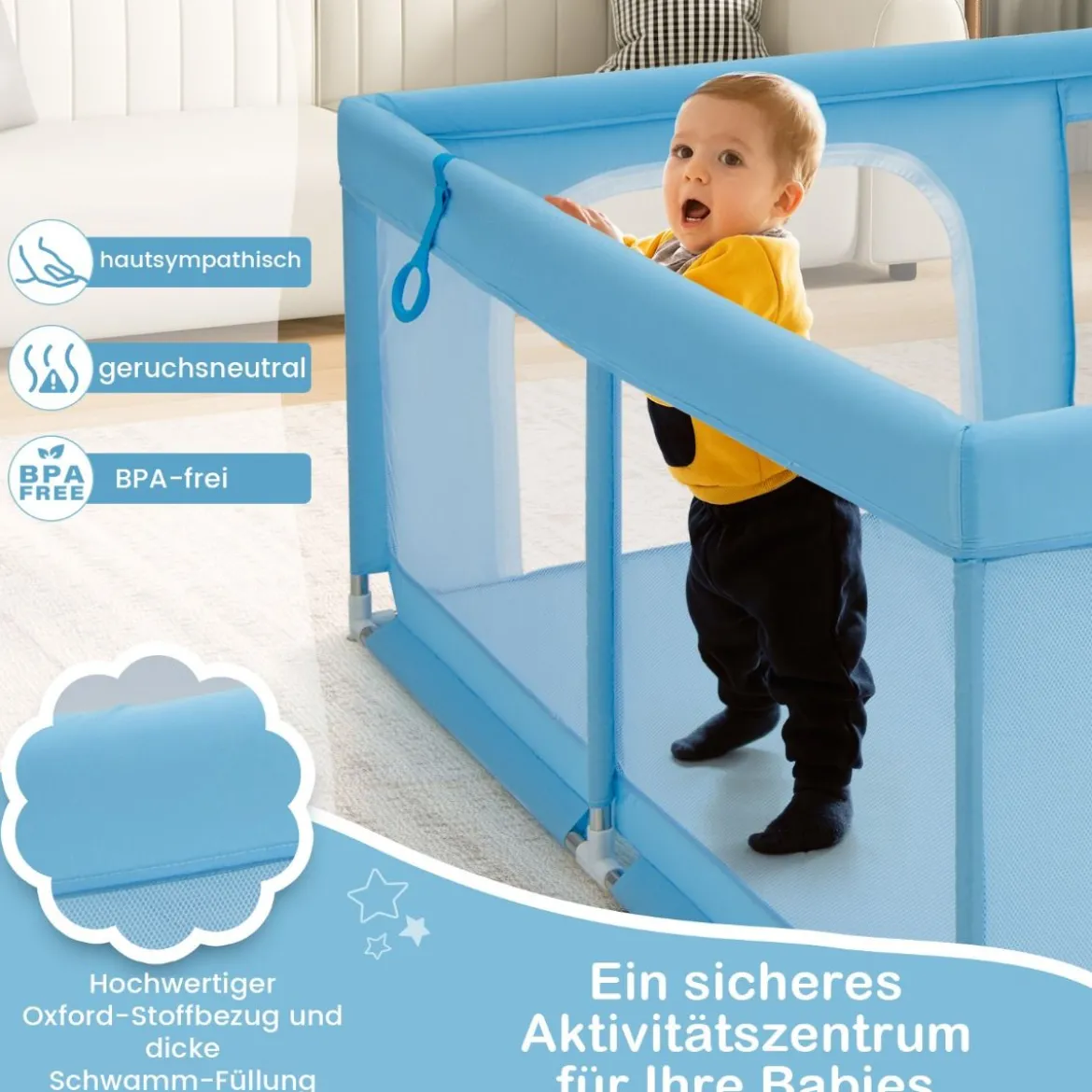 200 x 180 cm Baby Laufstall mit 50 Ozeanbällen & 4 Griffen & Tür Laufgitter Krabbelgitter Dunkelblau
