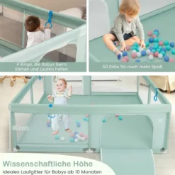 200 x 180 cm Baby Laufstall mit 50 Ozeanbällen & 4 Griffen & Tür Laufgitter Krabbelgitter Grün