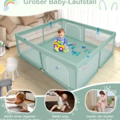 200 x 180 cm Baby Laufstall mit 50 Ozeanbällen & 4 Griffen & Tür Laufgitter Krabbelgitter Grün