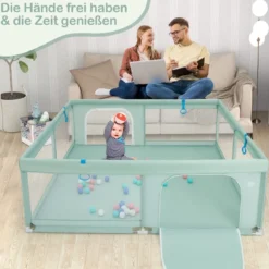 200 x 180 cm Baby Laufstall mit 50 Ozeanbällen & 4 Griffen & Tür Laufgitter Krabbelgitter Grün