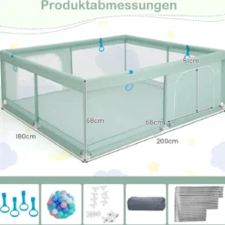 200 x 180 cm Baby Laufstall mit 50 Ozeanbällen & 4 Griffen & Tür Laufgitter Krabbelgitter Grün
