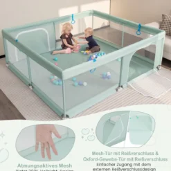 200 x 180 cm Baby Laufstall mit 50 Ozeanbällen & 4 Griffen & Tür Laufgitter Krabbelgitter Grün