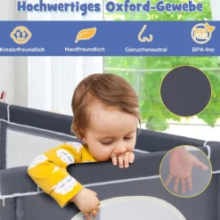 206 x 186cm Baby Laufstall mit 50 Spielbällen Laufgitter mit Matratze (Dunkelgrau Laufstall + Grün Matratze)