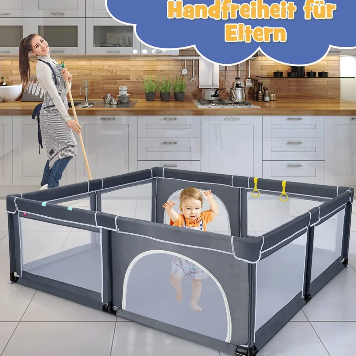 206 x 186cm Baby Laufstall mit 50 Spielbällen Laufgitter mit Matratze (Dunkelgrau Laufstall + Grün Matratze)