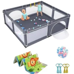 206 x 186cm Baby Laufstall mit 50 Spielbällen Laufgitter mit Matratze (Dunkelgrau Laufstall + Grün Matratze)