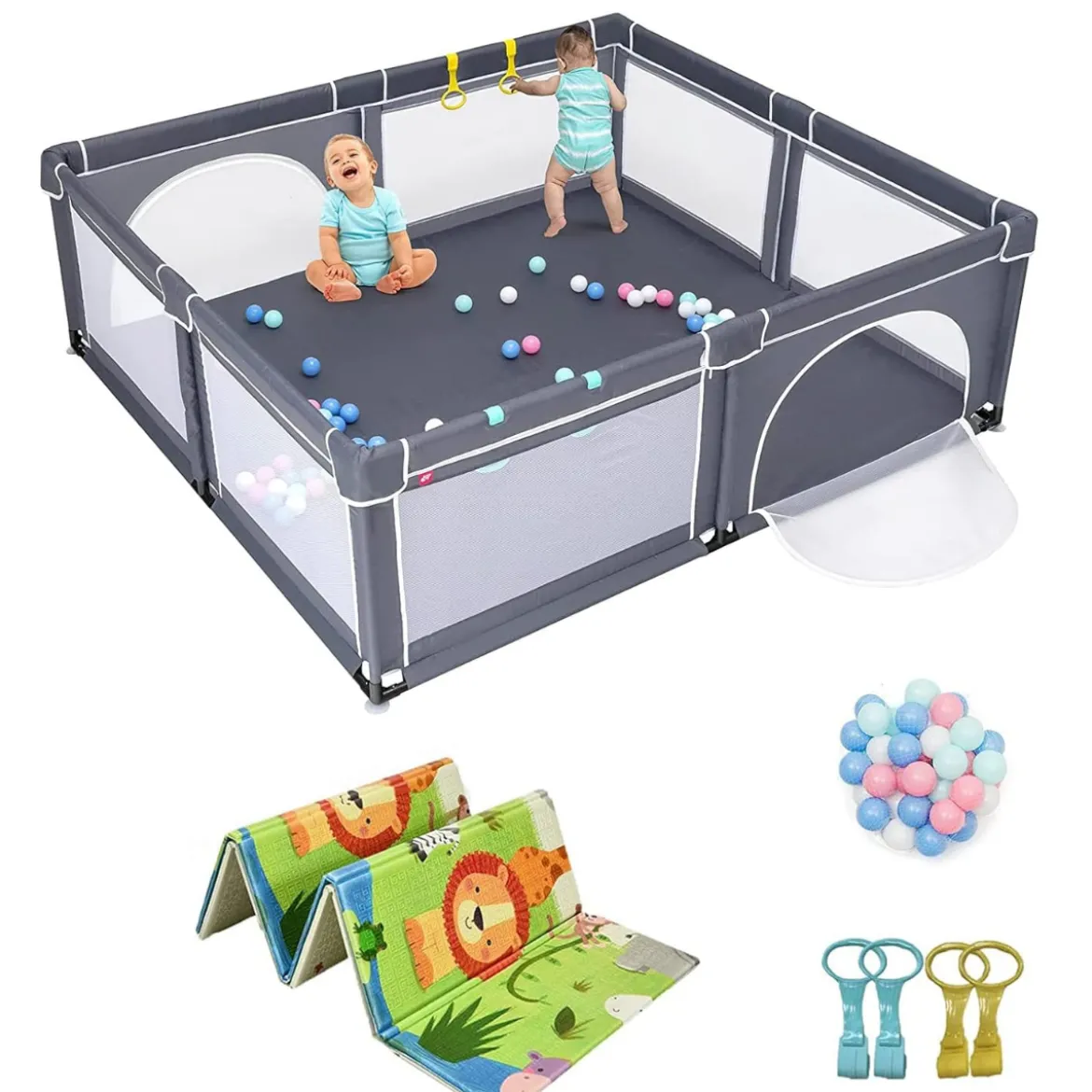 206 x 186cm Baby Laufstall mit 50 Spielbällen Laufgitter mit Matratze (Dunkelgrau Laufstall + Grün Matratze)