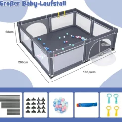 206 x 186cm Baby Laufstall mit 50 Spielbällen Laufgitter mit Matratze (Dunkelgrau Laufstall + Grün Matratze)