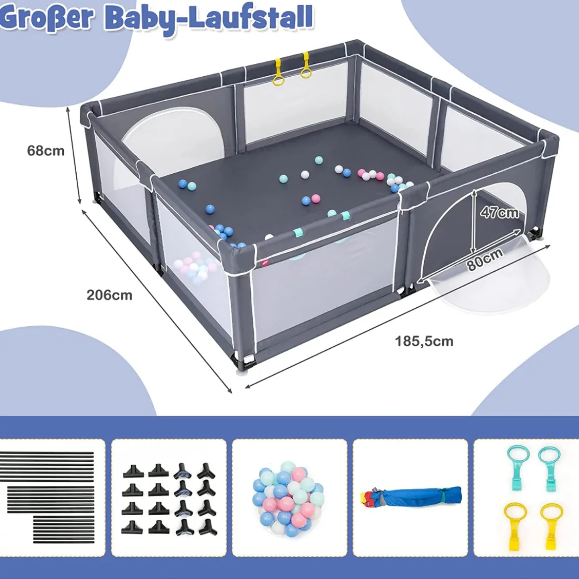 206 x 186cm Baby Laufstall mit 50 Spielbällen Laufgitter mit Matratze (Dunkelgrau Laufstall + Grün Matratze)