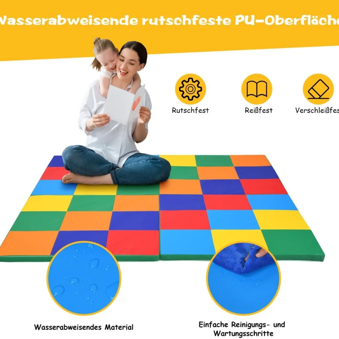 147 x 147cm Baby Spielmatte faltbar Babymatte mit Klettverschluss Krabbelmatte aus Kunstleder Bunt