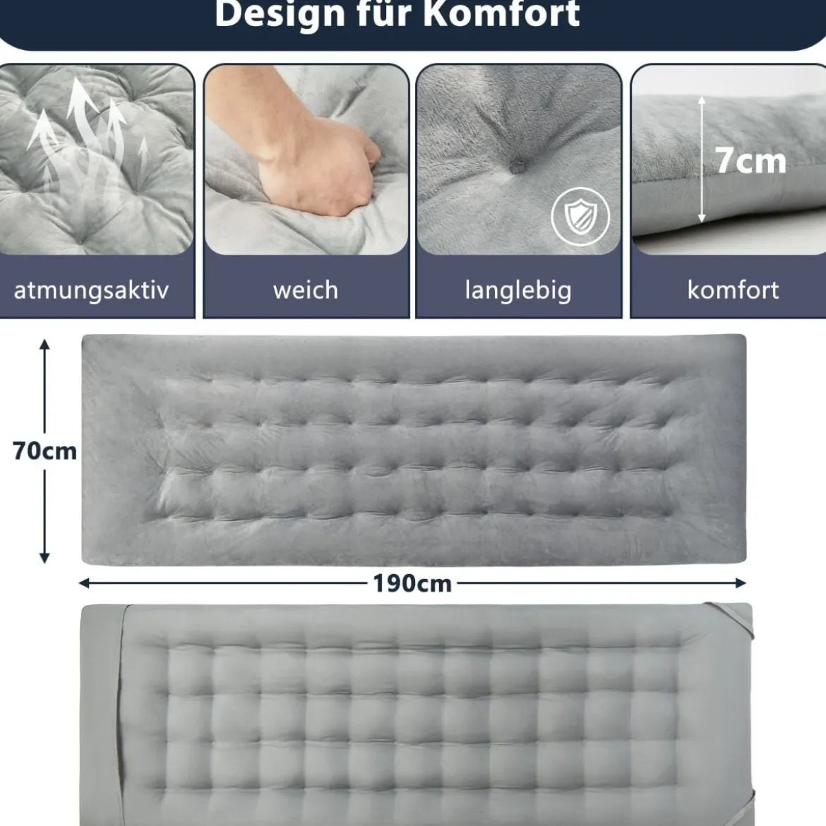 190 x 70 cm Baumwolle Feldbett Auflage 7 cm Dicke Martratze mit 4 Befestigungsbändern Grau