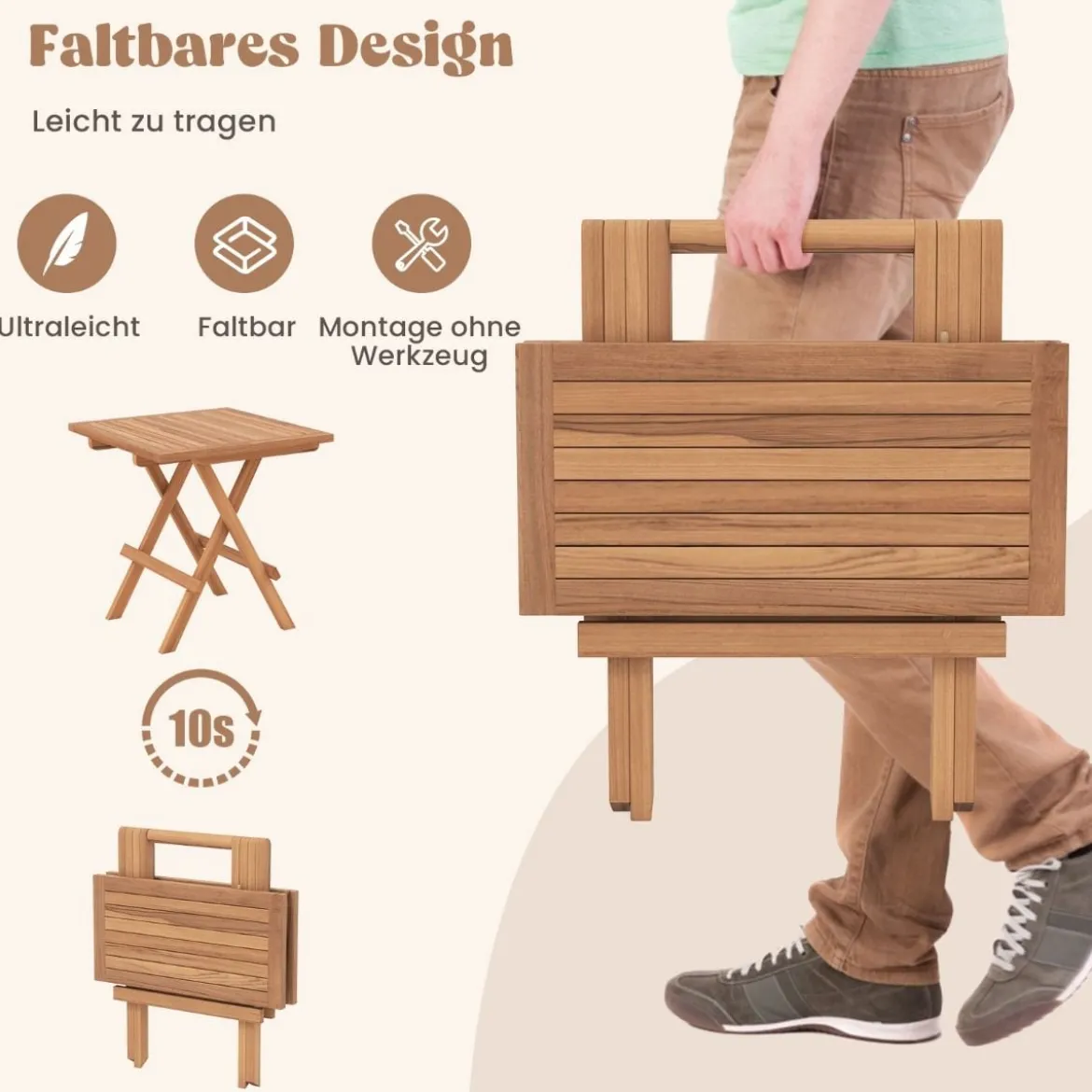 50 x 50 cm Beistelltisch klappbar wetterfester Klapptisch aus Teakholz quadratischer Balkontisch Natur
