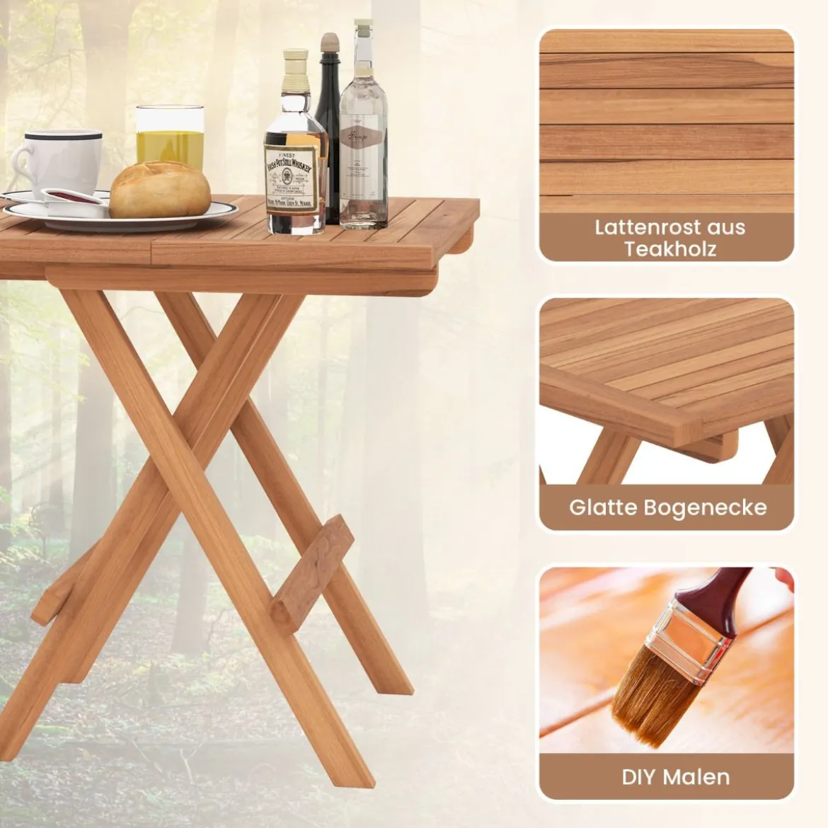 50 x 50 cm Beistelltisch klappbar wetterfester Klapptisch aus Teakholz quadratischer Balkontisch Natur
