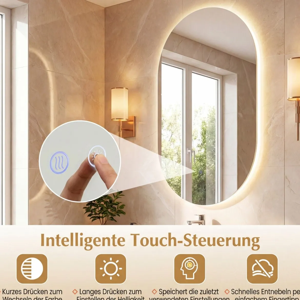 90 x 55 cm beleuchteter Spiegel für Badezimmerwand hinterleuchteter sicherer Spiegel Silber