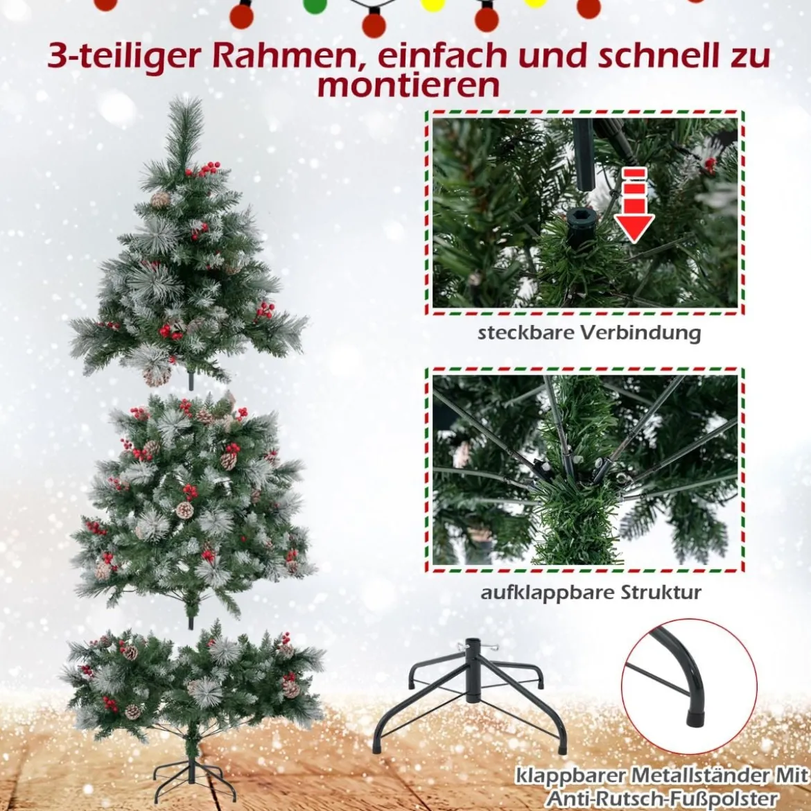 Ø110 x 185 cm Beleuchteter Weihnachtsbaum mit Kiefernnadeln Grün + Weiß
