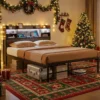 140 x 200 cm Bettgestell mit LED-Beleuchtung & Ladestation Doppelbett Plattformbett Bettrahmen