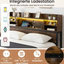 140 x 200 cm Bettgestell mit LED-Beleuchtung & Ladestation Doppelbett Plattformbett Bettrahmen