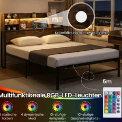 140 x 200 cm Bettgestell mit LED-Beleuchtung & Ladestation Doppelbett Plattformbett Bettrahmen