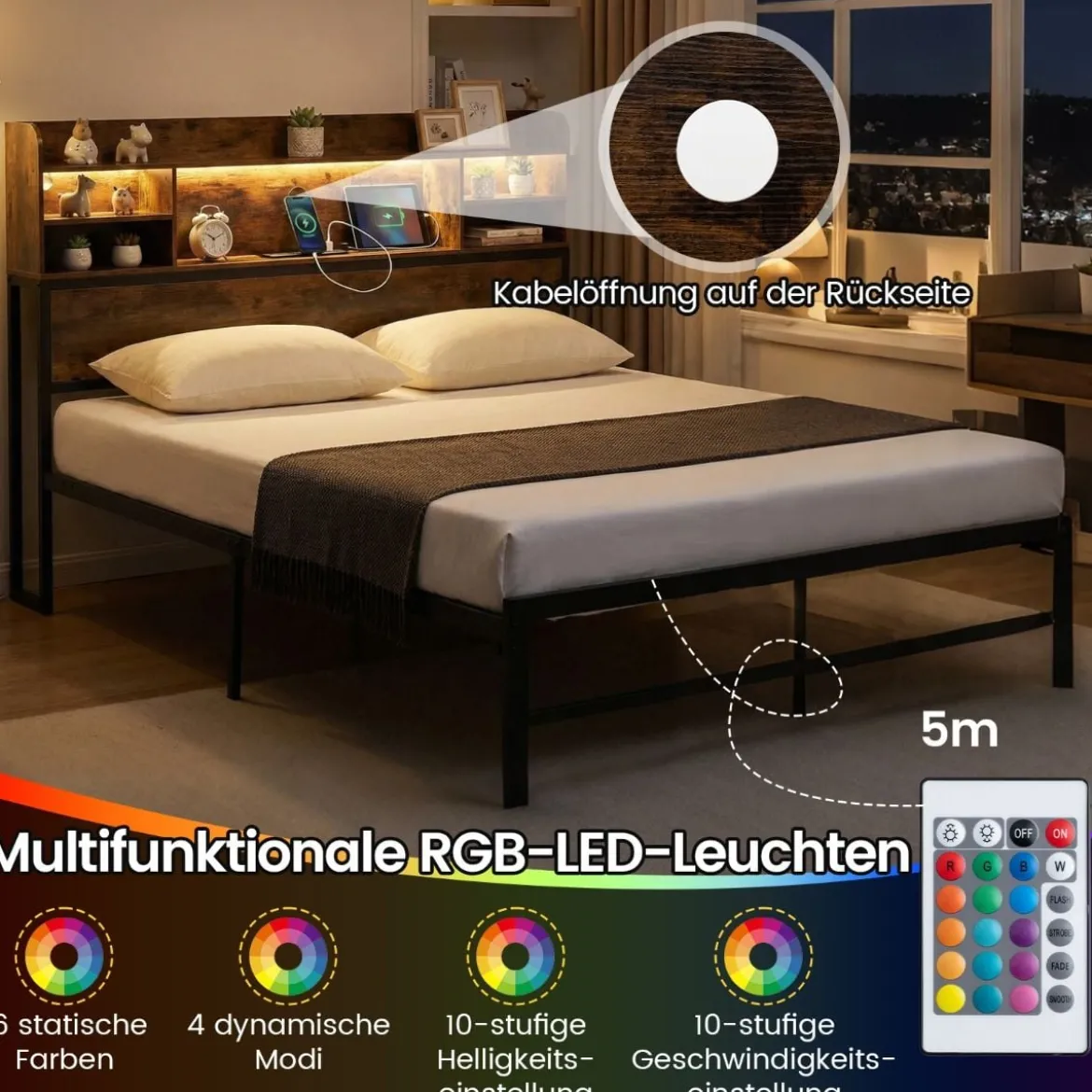 140 x 200 cm Bettgestell mit LED-Beleuchtung & Ladestation Doppelbett Plattformbett Bettrahmen
