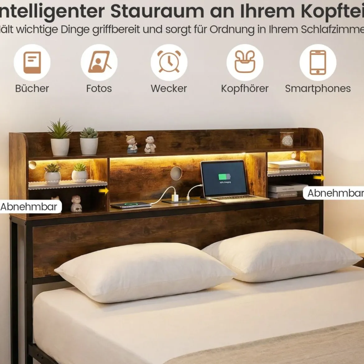 140 x 200 cm Bettgestell mit LED-Beleuchtung & Ladestation Doppelbett Plattformbett Bettrahmen