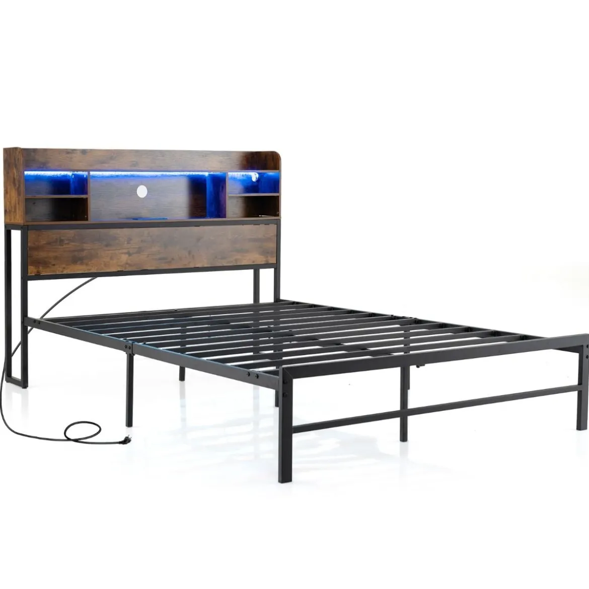 140 x 200 cm Bettgestell mit LED-Beleuchtung & Ladestation Doppelbett Plattformbett Bettrahmen