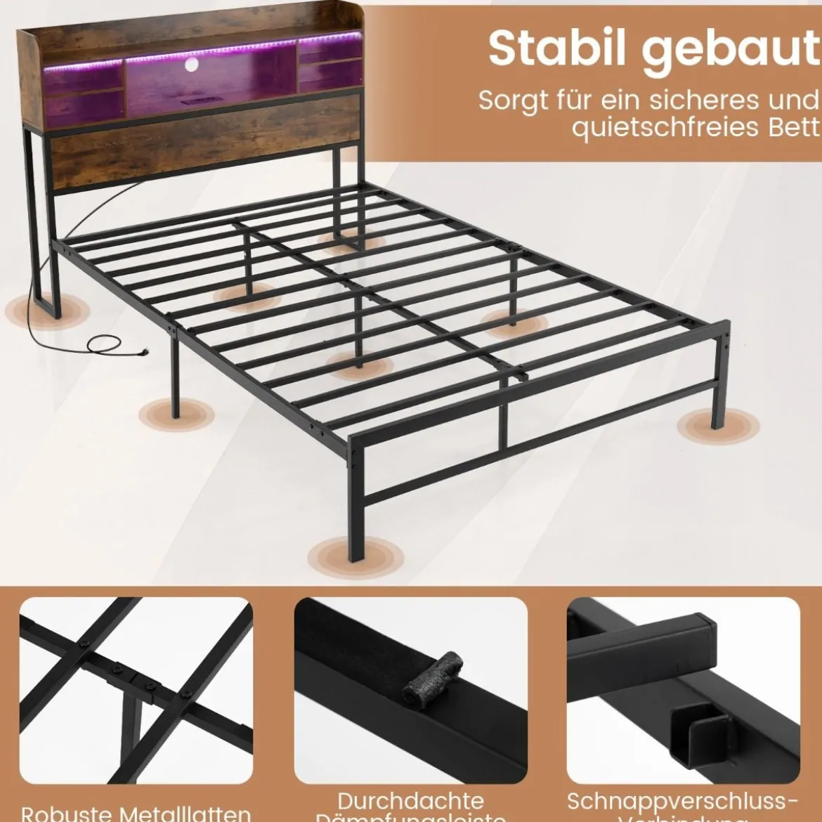 140 x 200 cm Bettgestell mit LED-Beleuchtung & Ladestation Doppelbett Plattformbett Bettrahmen