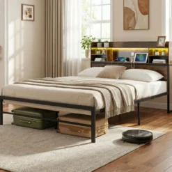 140 x 200 cm Bettgestell mit LED-Beleuchtung & Ladestation Doppelbett Plattformbett Bettrahmen