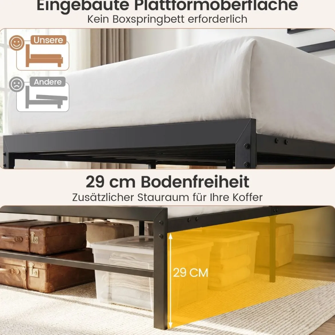 140 x 200 cm Bettgestell mit LED-Beleuchtung & Ladestation Doppelbett Plattformbett Bettrahmen