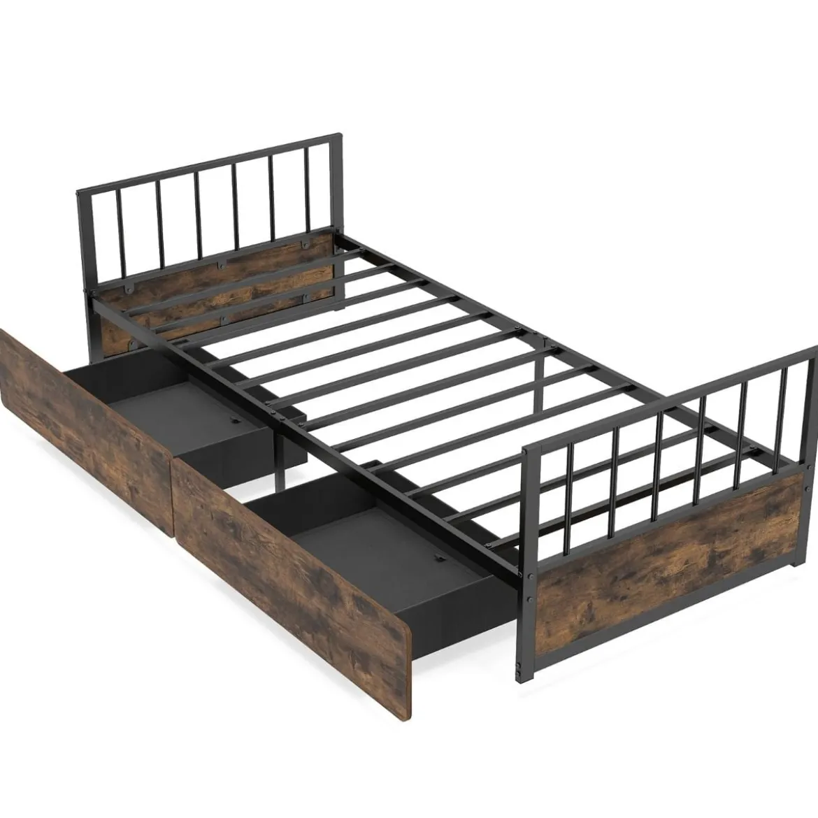 90 x 200 cm Bettgestell mit 2 Schubladen & Kopfteil & Fußteil Einzelbett mit Lattenrost Metallbett