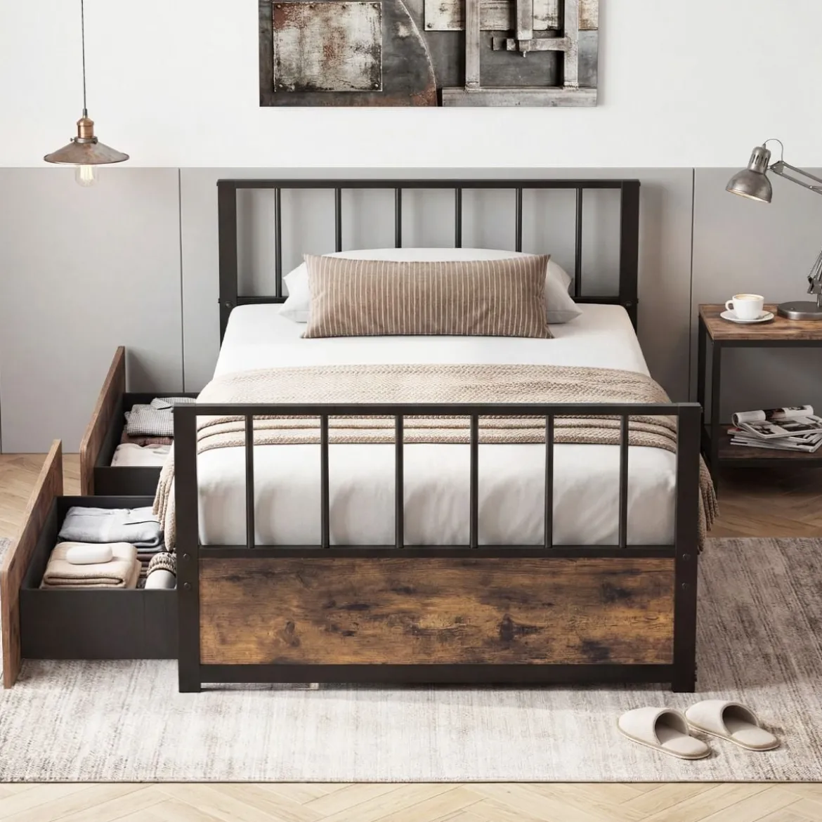 90 x 200 cm Bettgestell mit 2 Schubladen & Kopfteil & Fußteil Einzelbett mit Lattenrost Metallbett