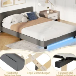 140 x 200 cm Bett mit LED Beleuchtung Polsterbett mit Lattenrost Bettgestell Bettrahmen Grau
