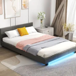 140 x 200 cm Bett mit LED Beleuchtung Polsterbett mit Lattenrost Bettgestell Bettrahmen Grau