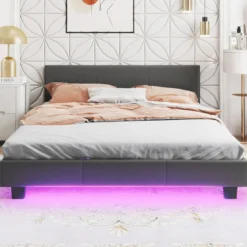 140 x 200 cm Bett mit LED Beleuchtung Polsterbett mit Lattenrost Bettgestell Bettrahmen Grau
