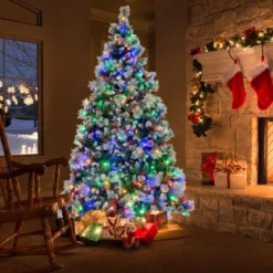 Ø125 x 215 cm Christbaum mit LED-Lichtern Weihnachtsbaum mit Beeren Grün + Weiß