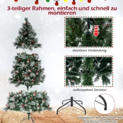 Ø125 x 215 cm Christbaum mit LED-Lichtern Weihnachtsbaum mit Beeren Grün + Weiß
