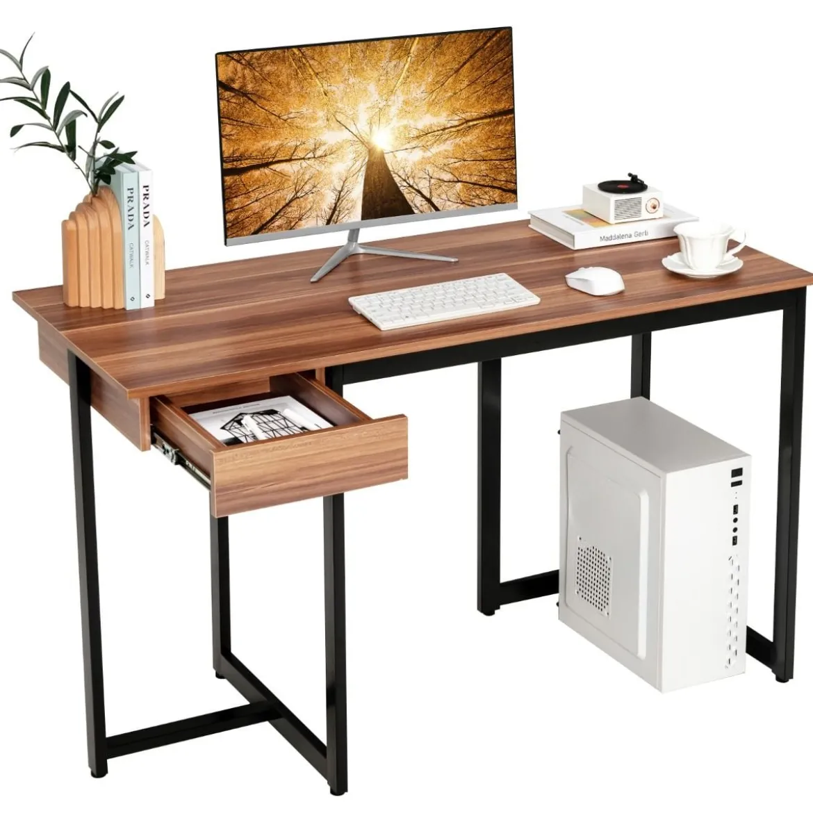 120 x 55 cm Computertisch mit Schublade & Verstellbaren Pads Computertisch Walnuss