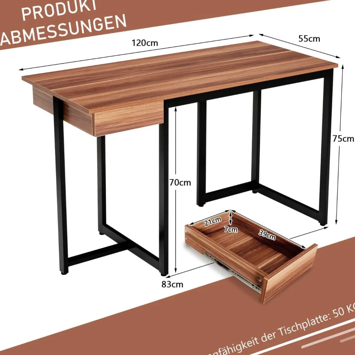 120 x 55 cm Computertisch mit Schublade & Verstellbaren Pads Computertisch Walnuss