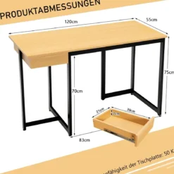 120 x 55 cm Computertisch mit Schublade & Verstellbaren Pads Computertisch Natur