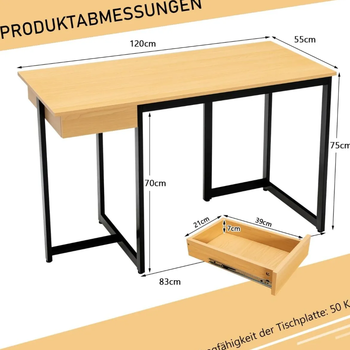 120 x 55 cm Computertisch mit Schublade & Verstellbaren Pads Computertisch Natur
