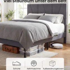 160 x 200 cm Doppelbettgestell mit Höhenverstellbarem Geometrischem Kopfteil Bettrahmen Dunkelgrau
