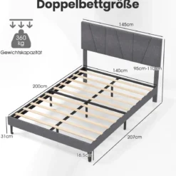 140 x 200 cm Doppelbettgestell mit Höhenverstellbarem Geometrischem Kopfteil Bettrahmen Dunkelgrau
