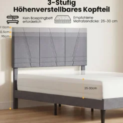 140 x 200 cm Doppelbettgestell mit Höhenverstellbarem Geometrischem Kopfteil Bettrahmen Dunkelgrau