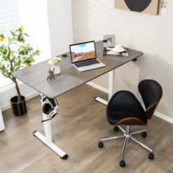140 x 70 cm Elektrischer Höhenverstellbarer Schreibtisch mit Stopp-Mechanismus & Haken Grau