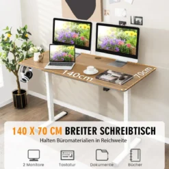 140 x 70 cm Elektrischer Höhenverstellbarer Schreibtisch mit Stopp-Mechanismus & Haken Grau