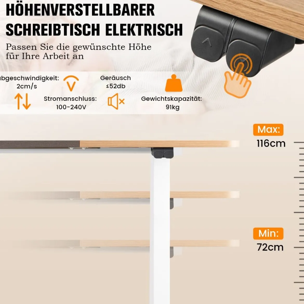 140 x 70 cm Elektrischer Höhenverstellbarer Schreibtisch Eiche