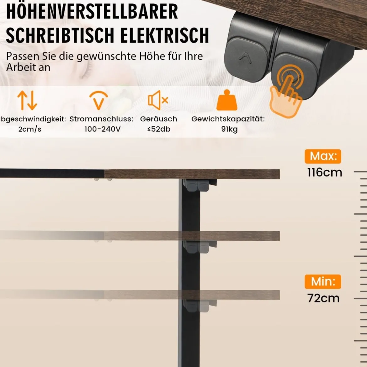 140 x 70 cm Elektrischer Höhenverstellbarer Schreibtisch mit Stopp-Mechanismus & Haken Braun