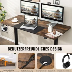140 x 70 cm Elektrischer Höhenverstellbarer Schreibtisch mit Stopp-Mechanismus & Haken Braun