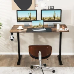 140 x 70 cm Elektrischer Höhenverstellbarer Schreibtisch mit Stopp-Mechanismus & Haken Braun