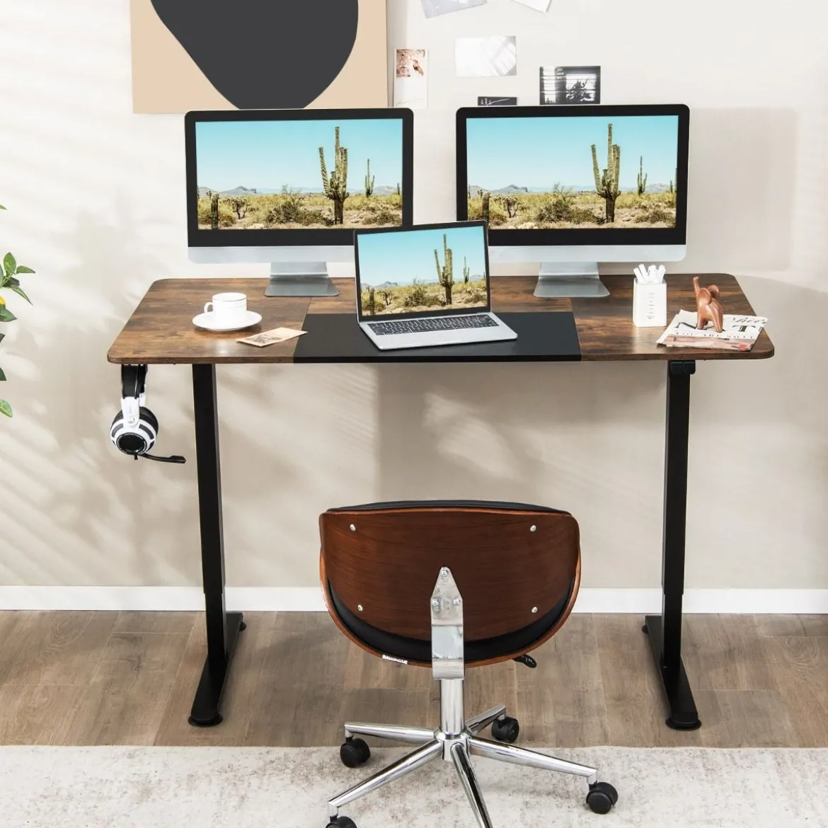 140 x 70 cm Elektrischer Höhenverstellbarer Schreibtisch mit Stopp-Mechanismus & Haken Braun