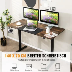 140 x 70 cm Elektrischer Höhenverstellbarer Schreibtisch mit Stopp-Mechanismus & Haken Braun