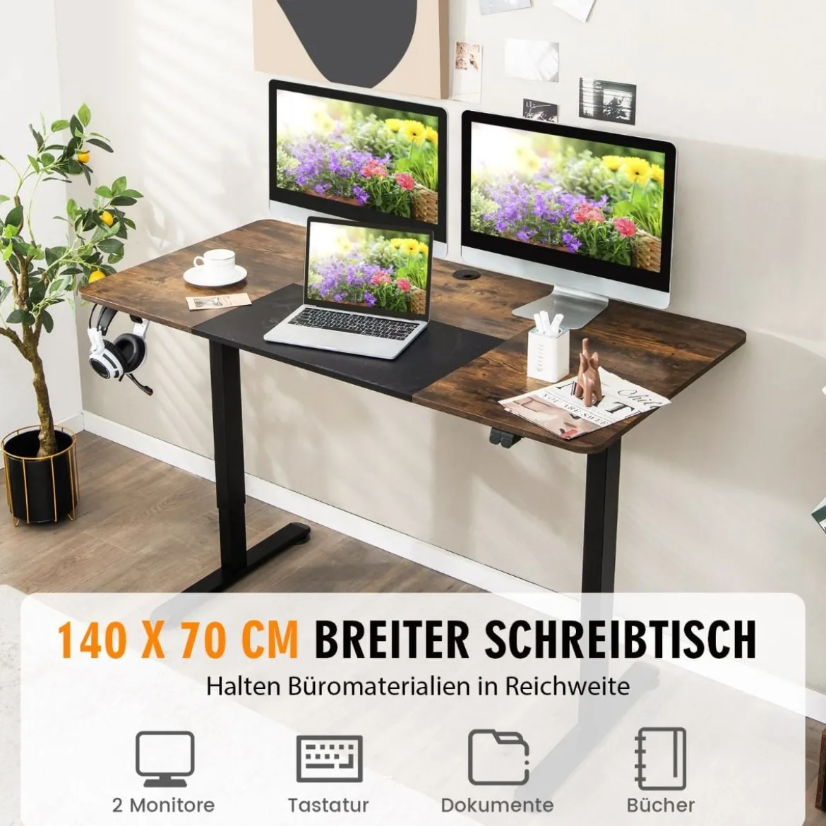 140 x 70 cm Elektrischer Höhenverstellbarer Schreibtisch mit Stopp-Mechanismus & Haken Braun